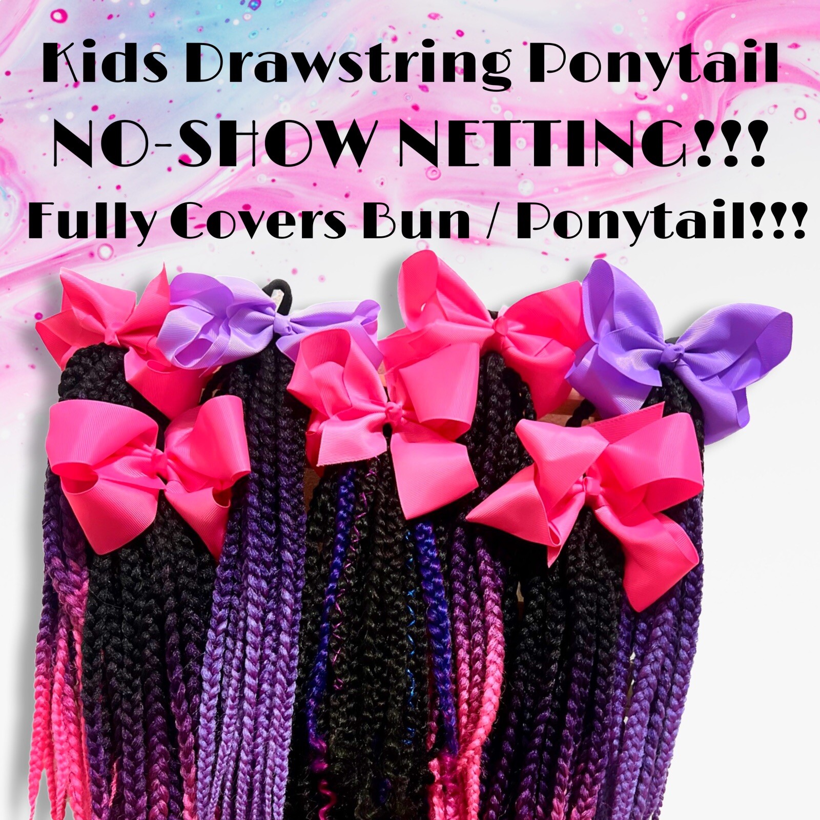 14” BRAIDED DRAWSTRING PONYTAIL FOR KIDS – 1b/Ombré Purple-Pink w/ Pink Bow