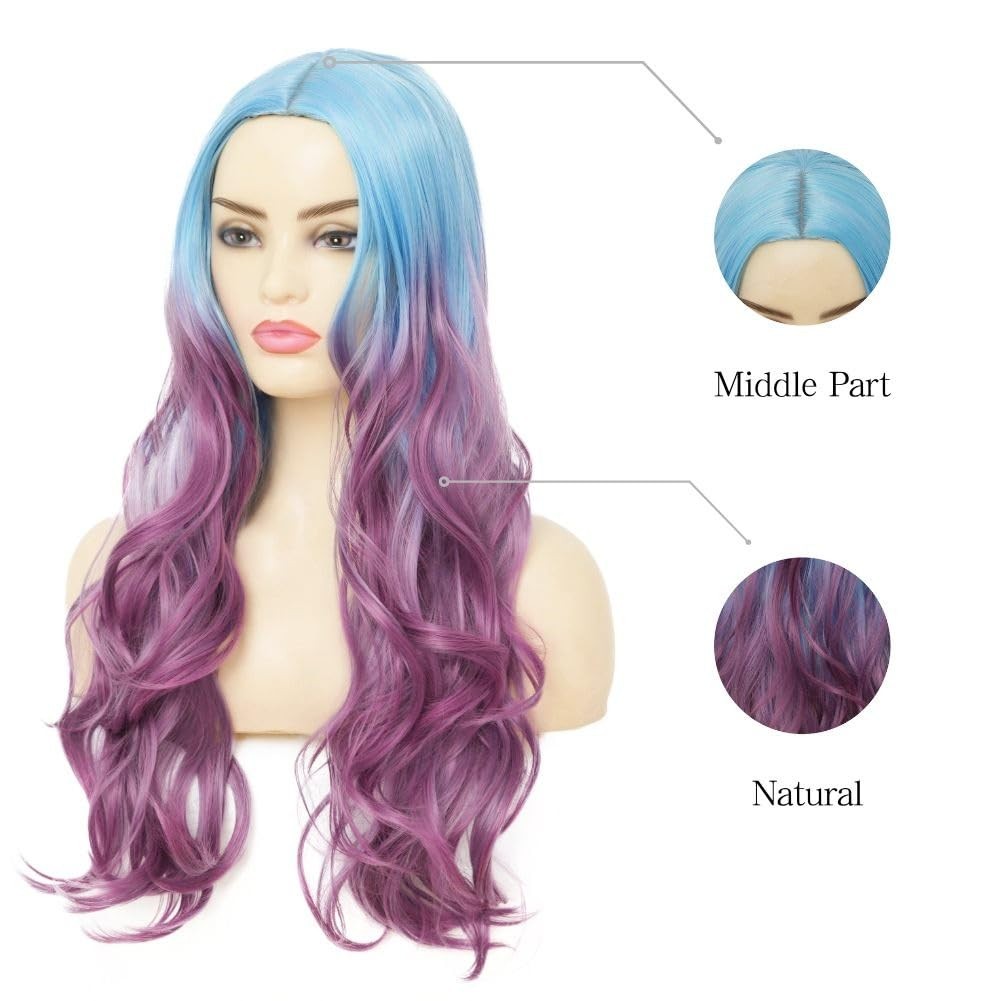 Long Curly Wave Ombre Purple Wig for Women Blue To Purple Hair Wigs Middle Pa…