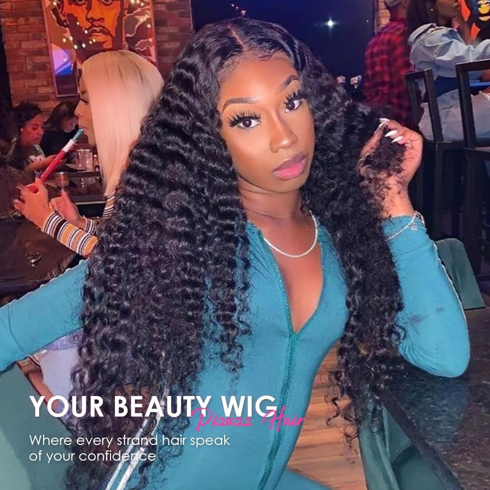 Pizazz 13×4 HD Lace Front Deep Wave Wigs Human Hair Pre plucked Bleached Knots