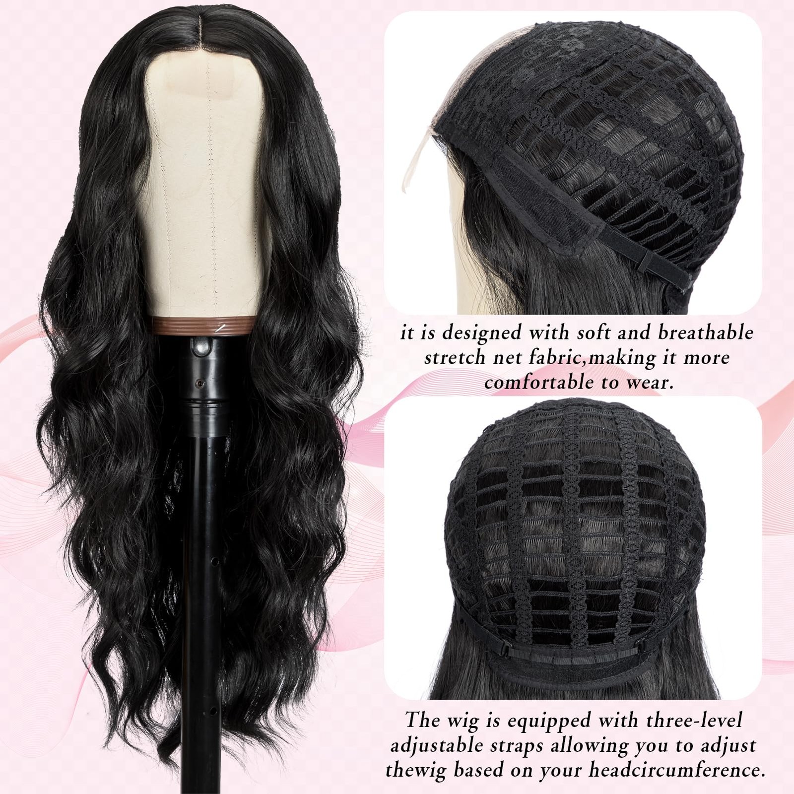 Long Wavy Wig for Women 26 Inch Black Synthetic Lace Front Wig Middle Part Cu…