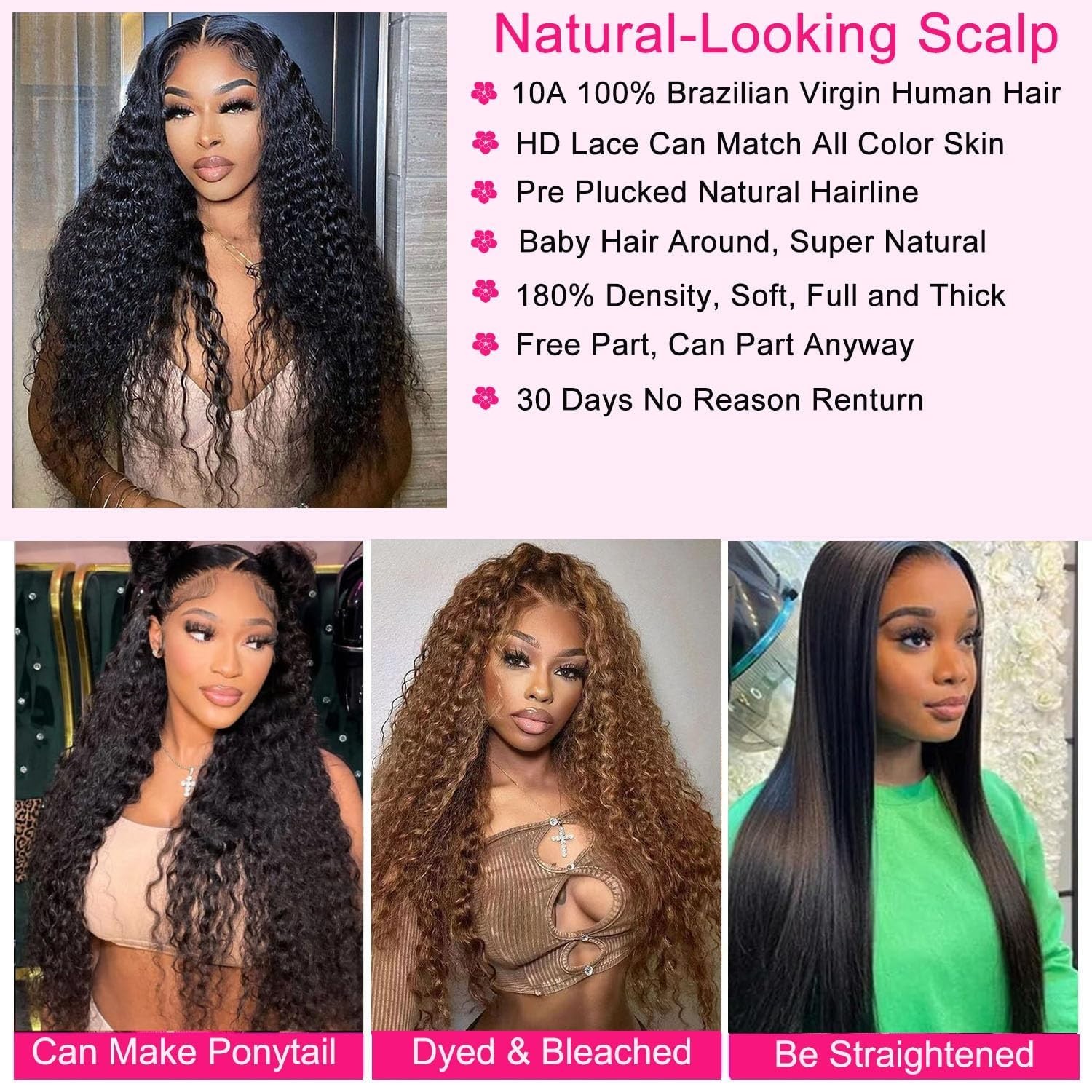 30″ 5×5 HD Lace Closure Wig, Human Hair Deep Wave, Wet & Wavy, 180% Density