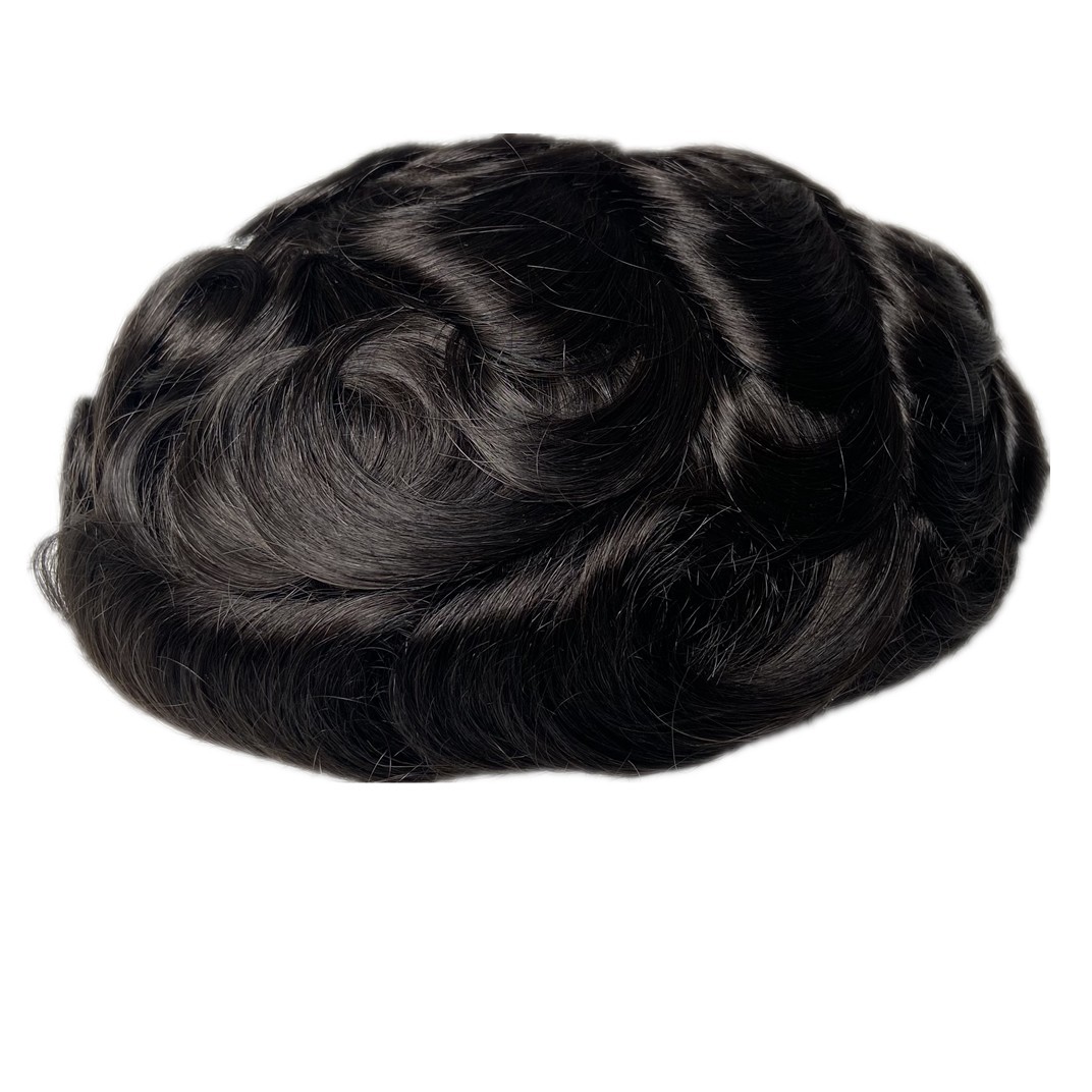Mens Toupee French Lace Front Thin Skin PU Base Human Hair Replacement Sys #1B