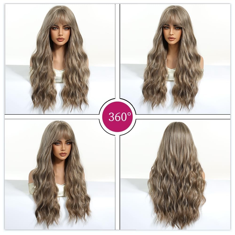 Long Wavy Ash Blonde Wigs for Women with Fringe Natural Synthetic Hair Wig fo…