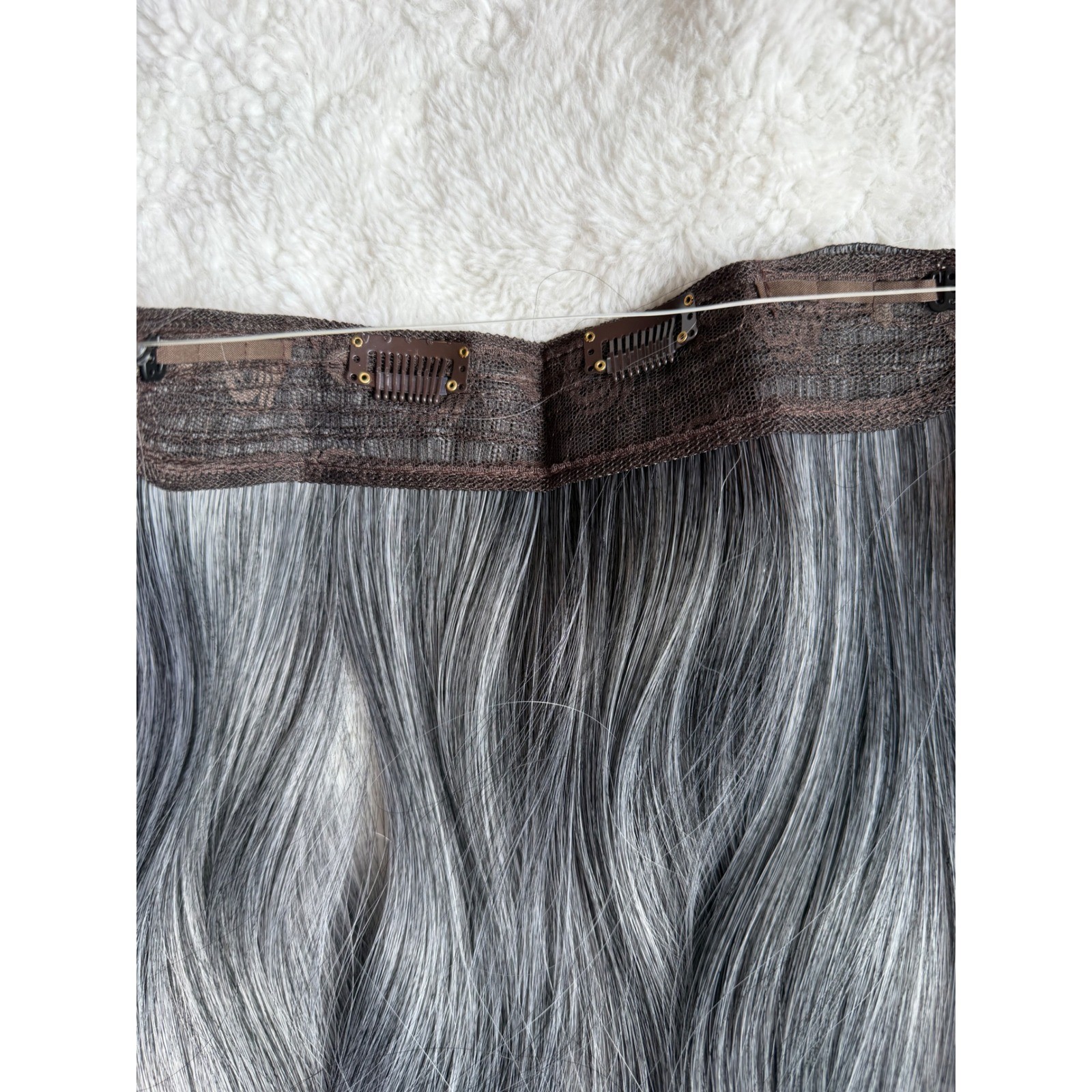 24in Grey Ombre Clip In Hair Extensions Silver Charcoal Synthetic Halo Piece (3)
