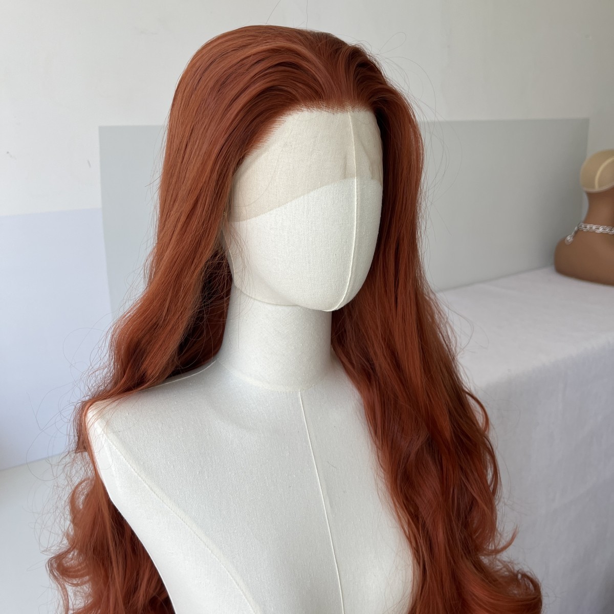 Glue Less Lace Front Wig Copper Red Synthetic Hair Heat Resistant Long Wavy