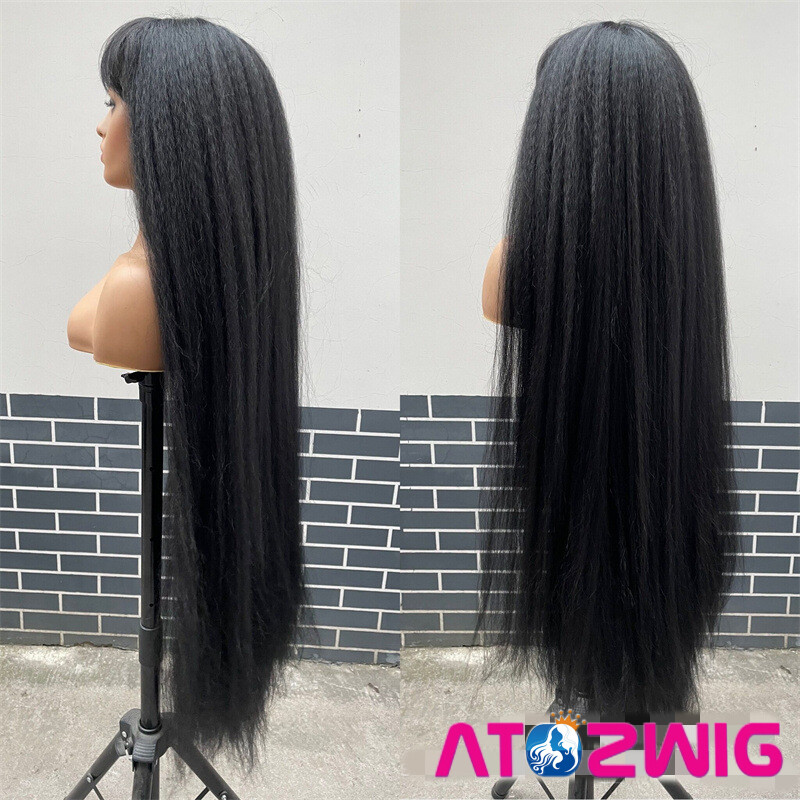 48 inch Long Kinky Straight Ash Blonde Wig with Full Bangs Fashion Party Wigs