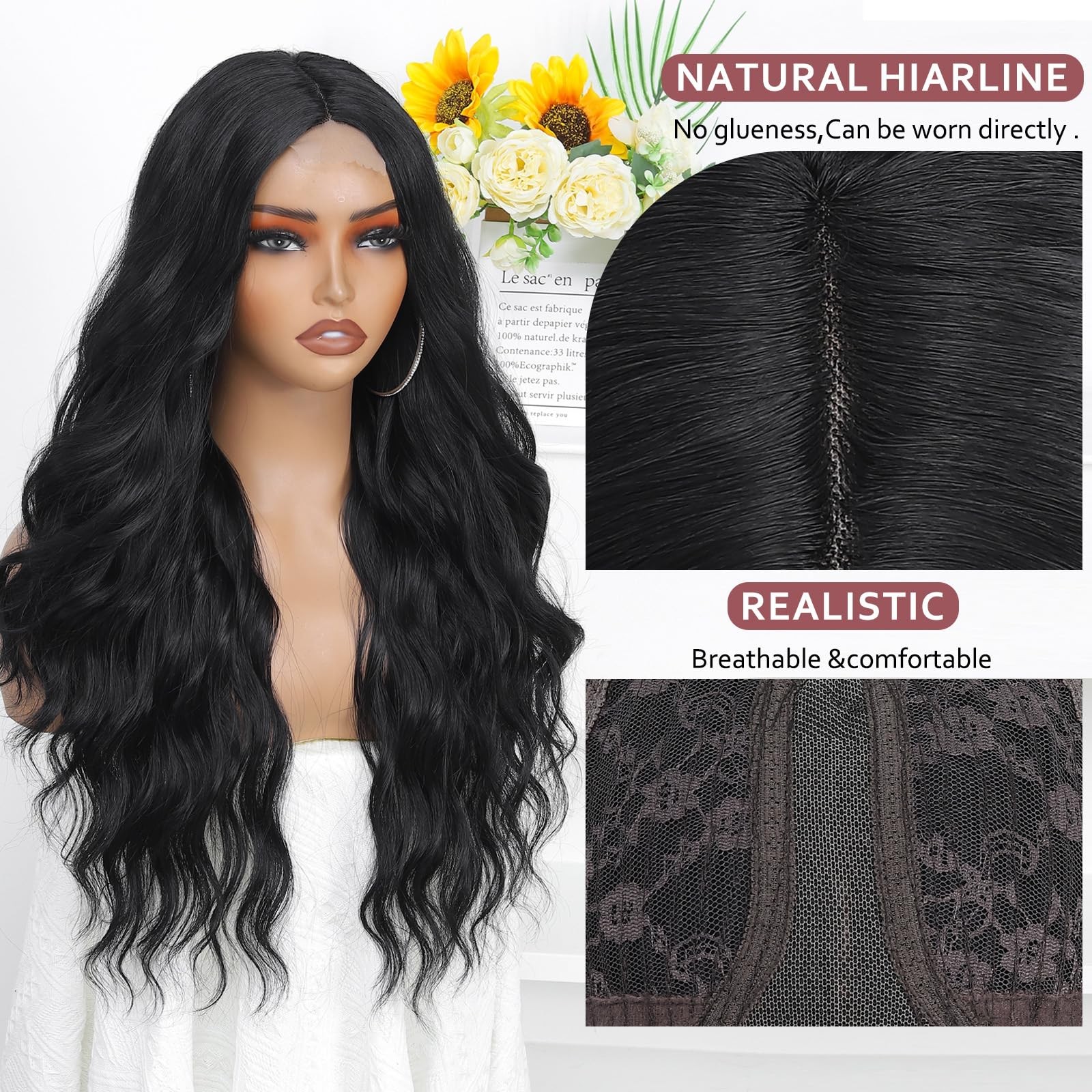 Black Wig for Women 26 Inch Long Black Wavy Wig Middle Part Black Hair Wigs H…