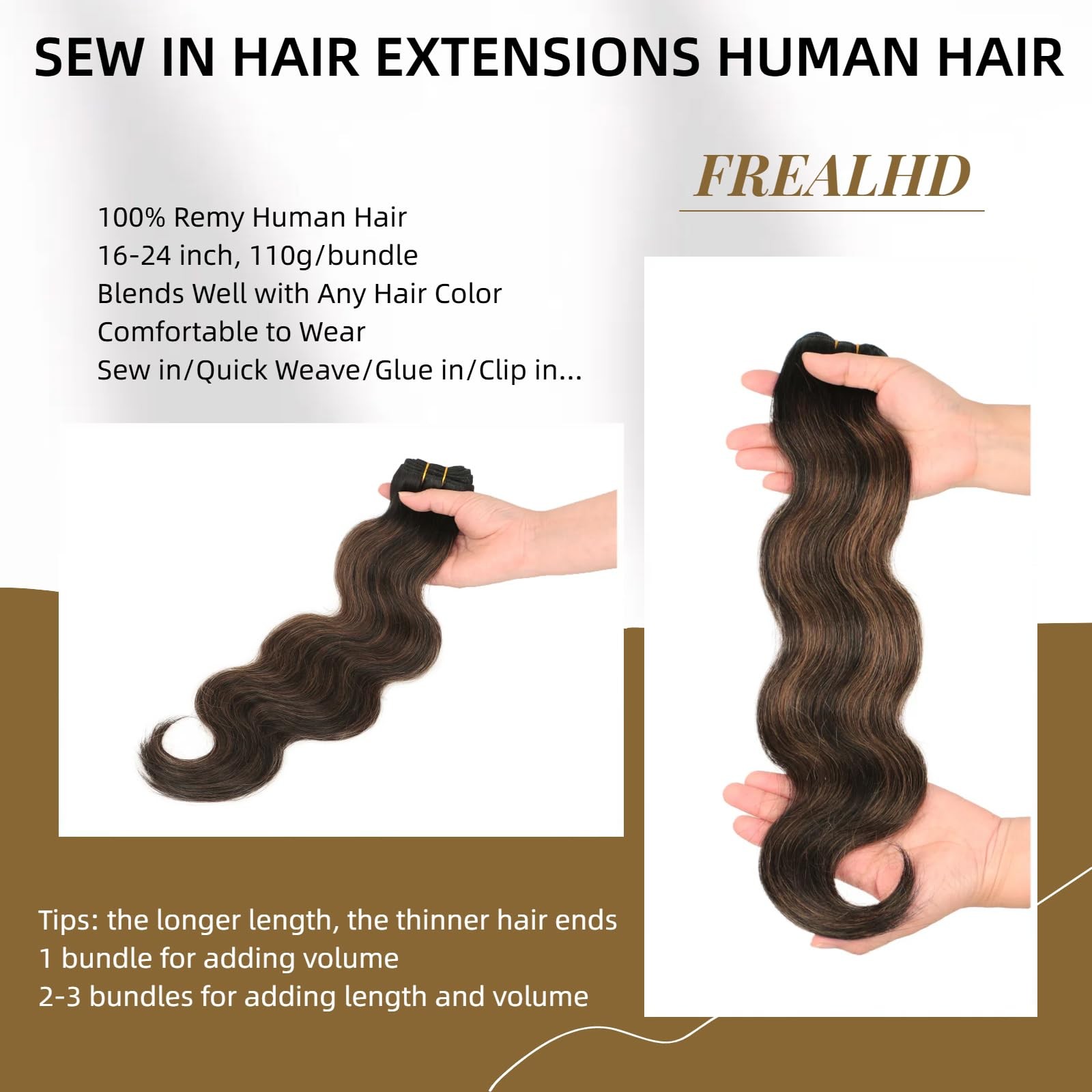 Frealhd Body Wave Human Hair Extensions Sew In 16 Inch 110G Double Weft Remy