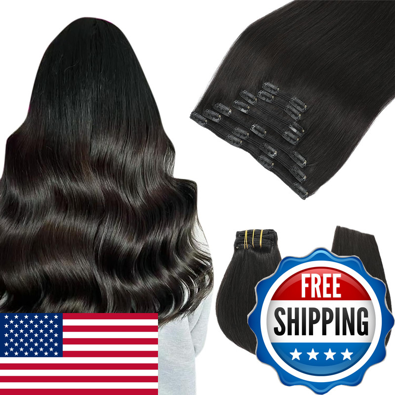 Safireny Clip In Hair Extensions 14 Inch Natural Black Real Human Hair 140G