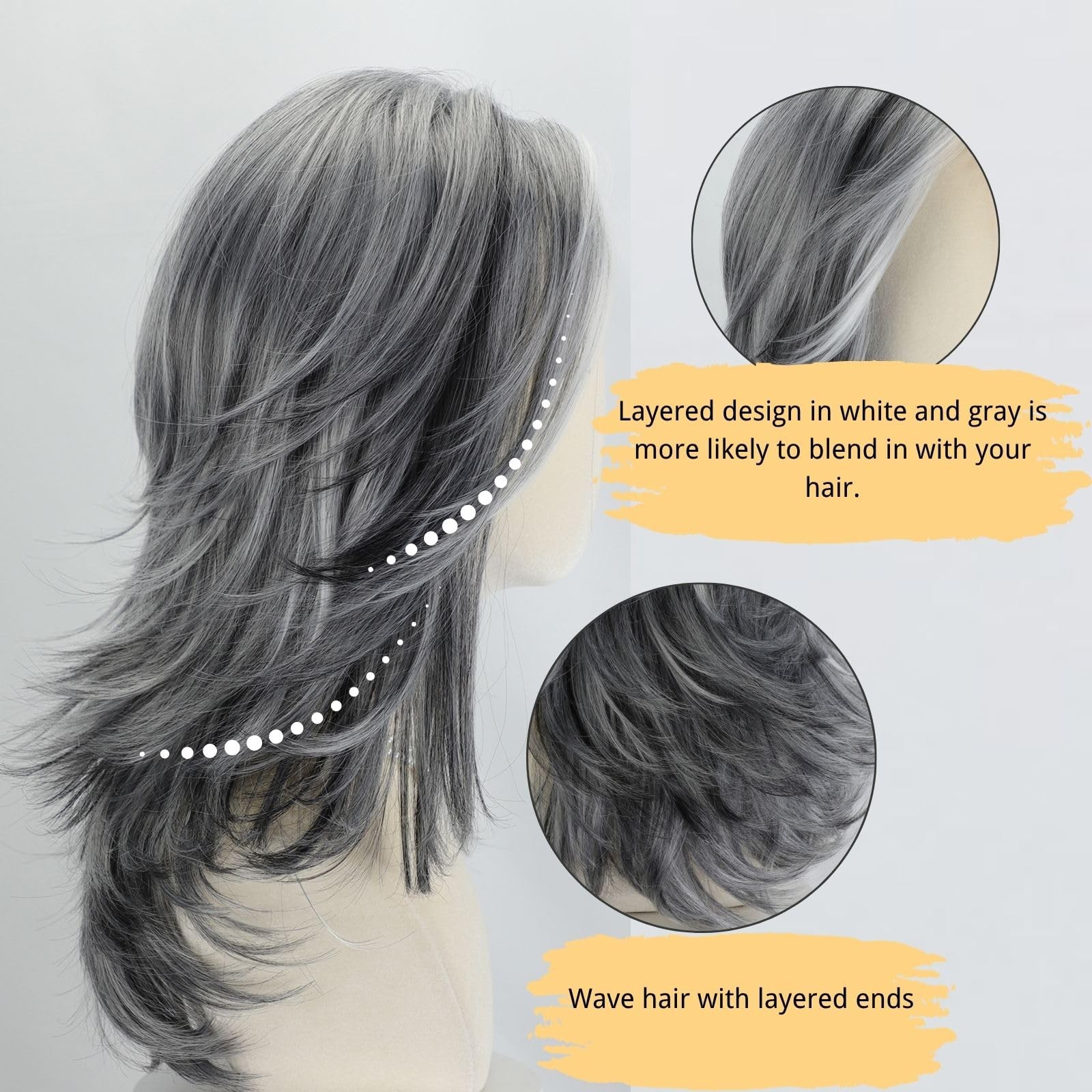 Silver Grey Wigs For White Women 20 Inch Medium-length Wavy Layered Salt Pepp…