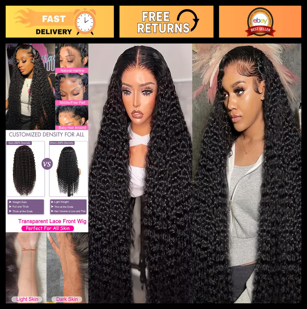 40″ 13×6 Deep Wave Lace Front Wig – Pre-Plucked, 250% Density, HD Lace, Curly Ha