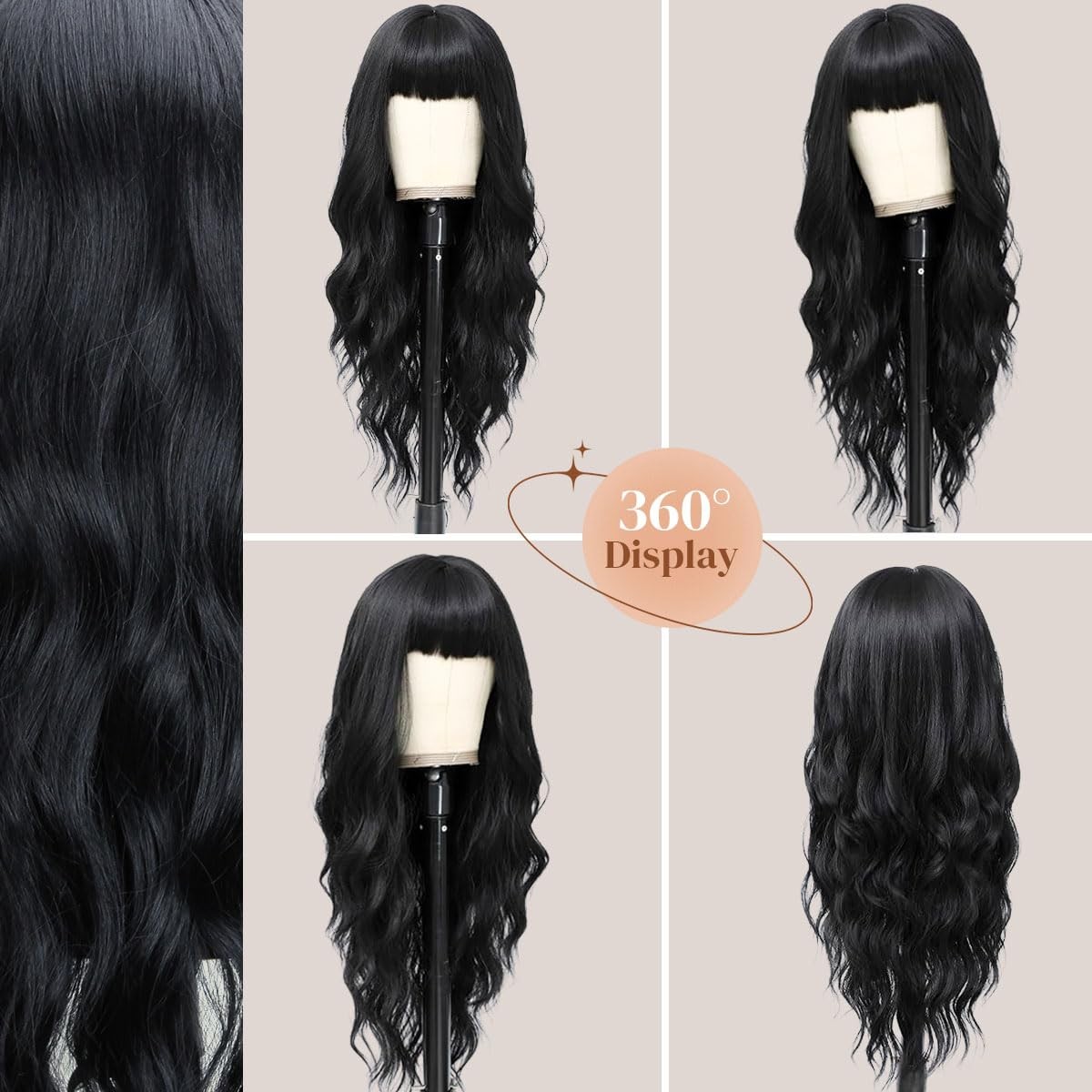 Black Wig with Bangs 26 Inch Long Curly Wavy Wigs for Women Begineer-Friendly…