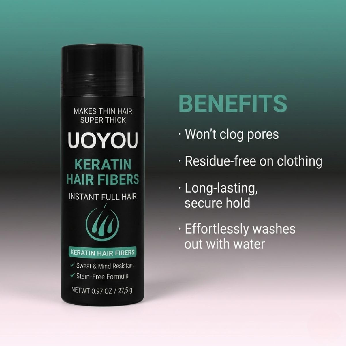 BLACK Hair Fibers for Thinning Hair 27.5G Bottle | Undetectable & Natural