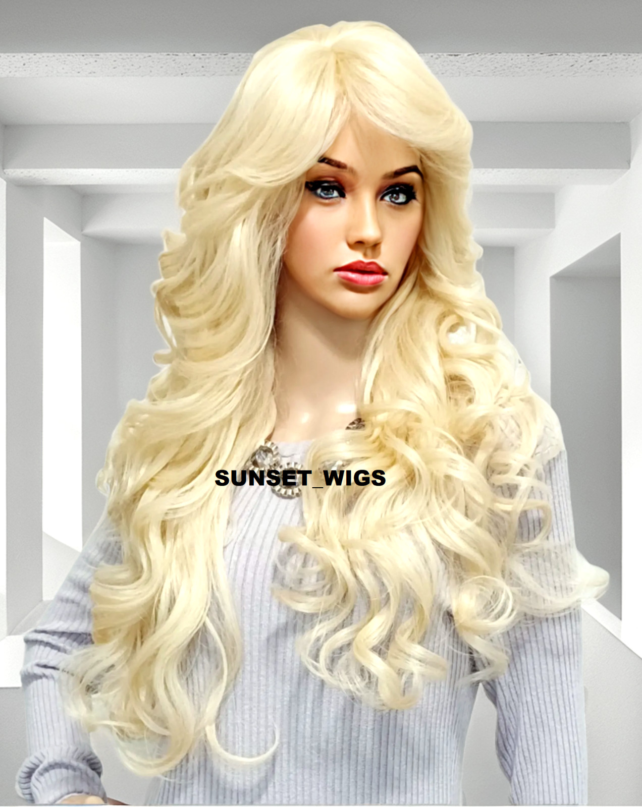 34″ FULL WIG LONG WAVY LAYERED SIDE SKIN PART BLEACH BLONDE HEAT OK NEW