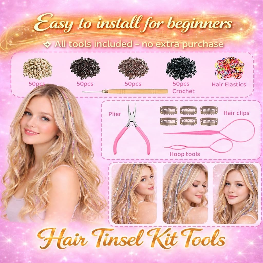 All-in-One Hair Tinsel Kit with 22 Colors – Perfect for Festivals & Events