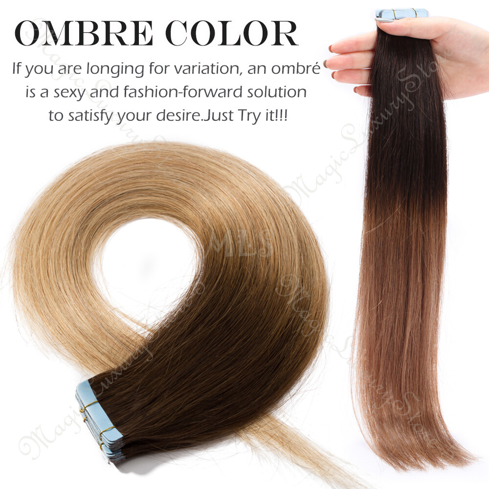 40PCS 100% Human Hair Extensions Tape in Skin Weft Thick Full Head Black Virgin