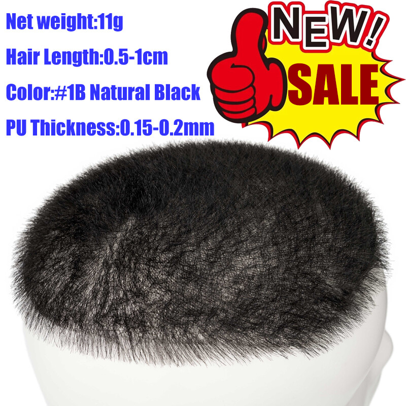 Mens Toupee Hairpiece PU Remy Hair System Replacement Buzz Cut Short Hair Wigs L