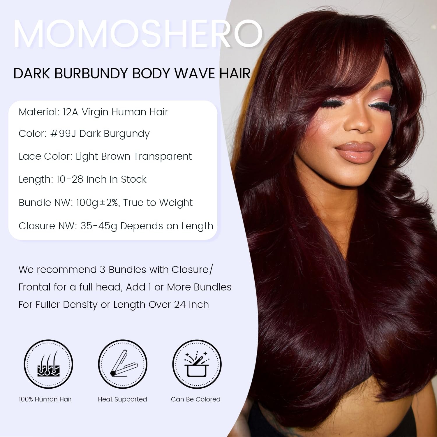 Momoshero Dark Burgundy 3 Bundles Human Hair Body Wave 12 14 16 Inch 99J 12A