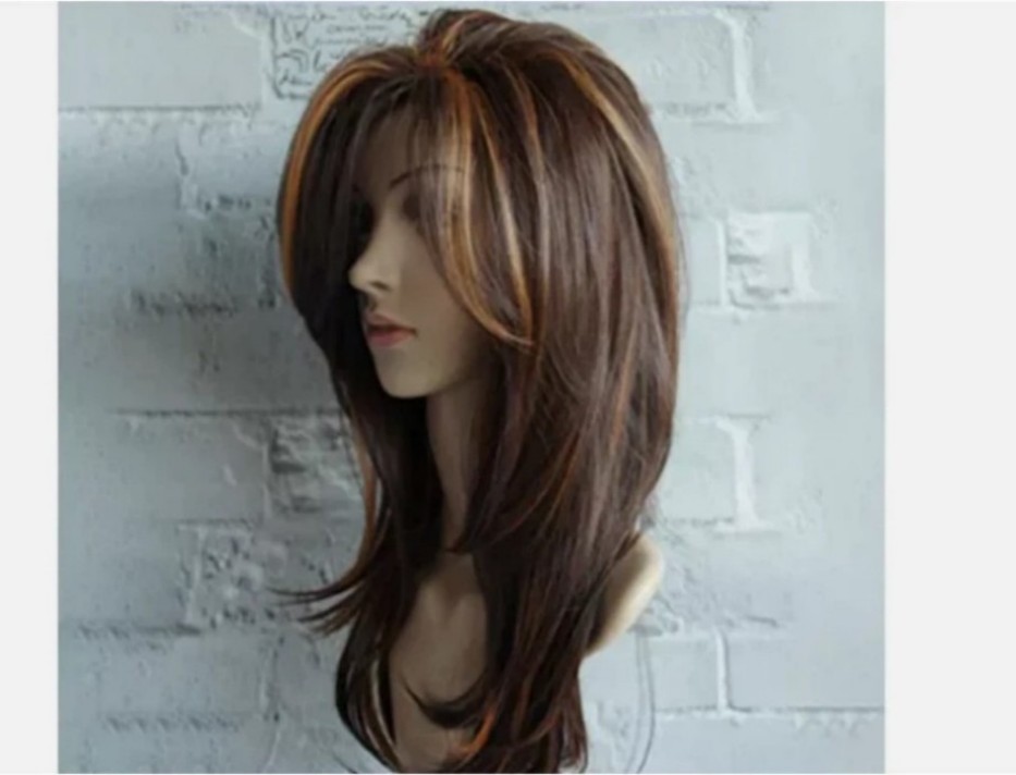 Women Dark Brown w/Gold Highlight Ombre Shoulder Length Curly Hair Wig-&&++
