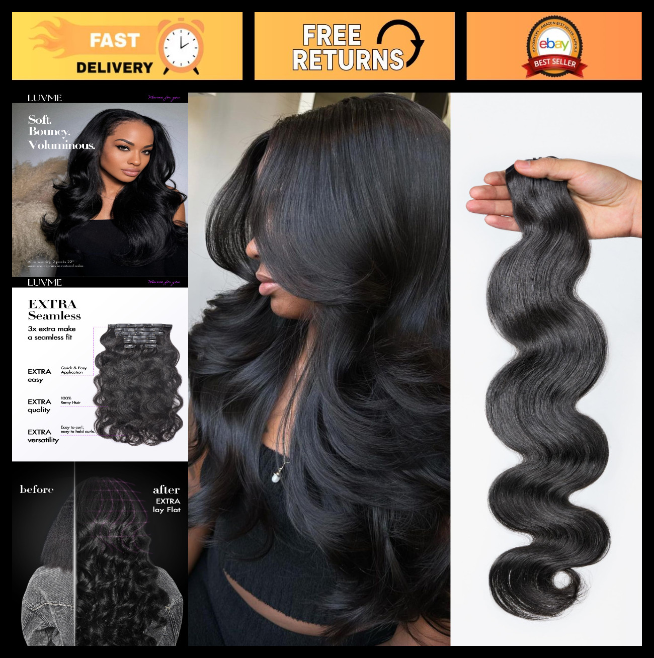 Body Wave Clip-In Hair Extensions 20″ Natural Black 110g 100% Remy Human Hair, S
