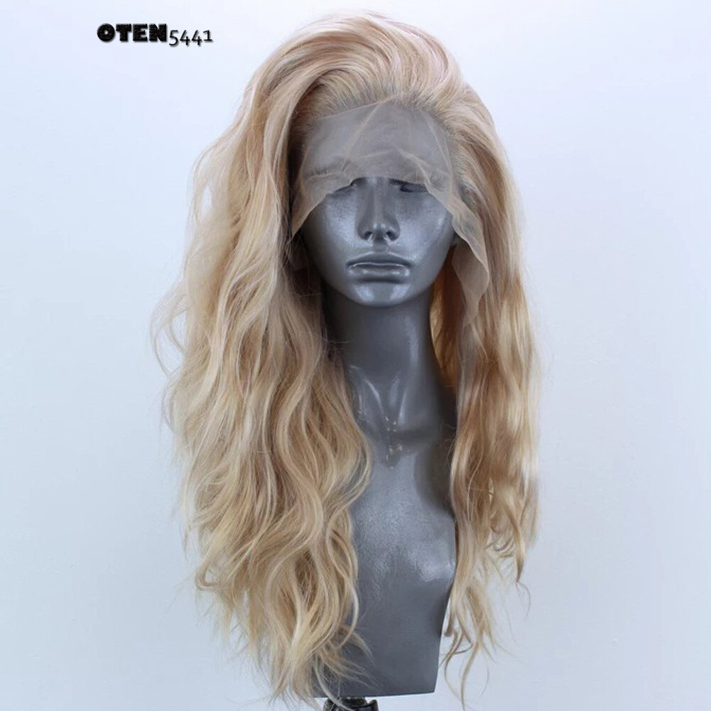 Long Curly Gold Blonde Mix Lace Front Heat Resistant Fiber Free Part Wigs Natura