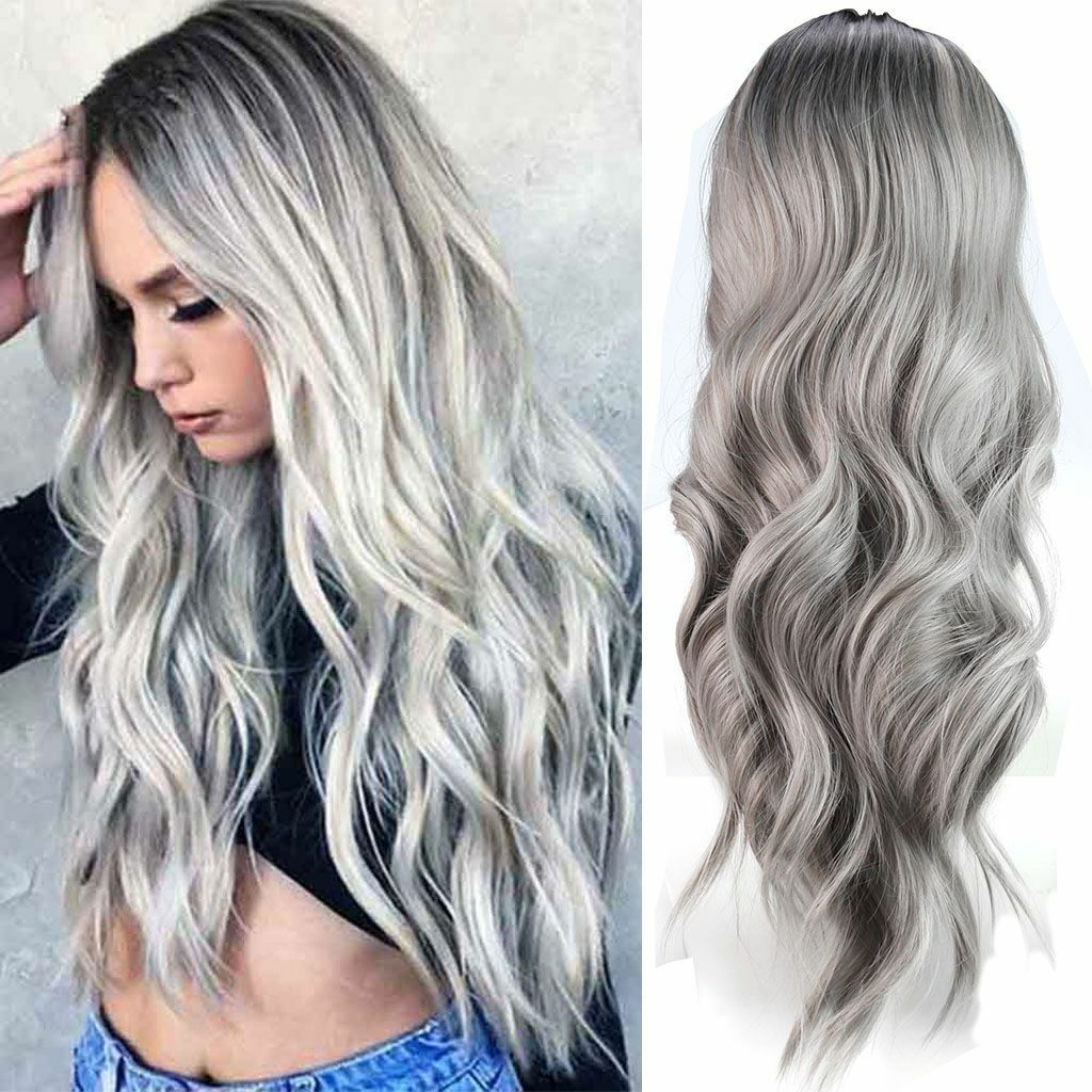Women Lady Ash Gray Silver White Ombre Long Wavy Curly Blonde Wig Synthetic Hair