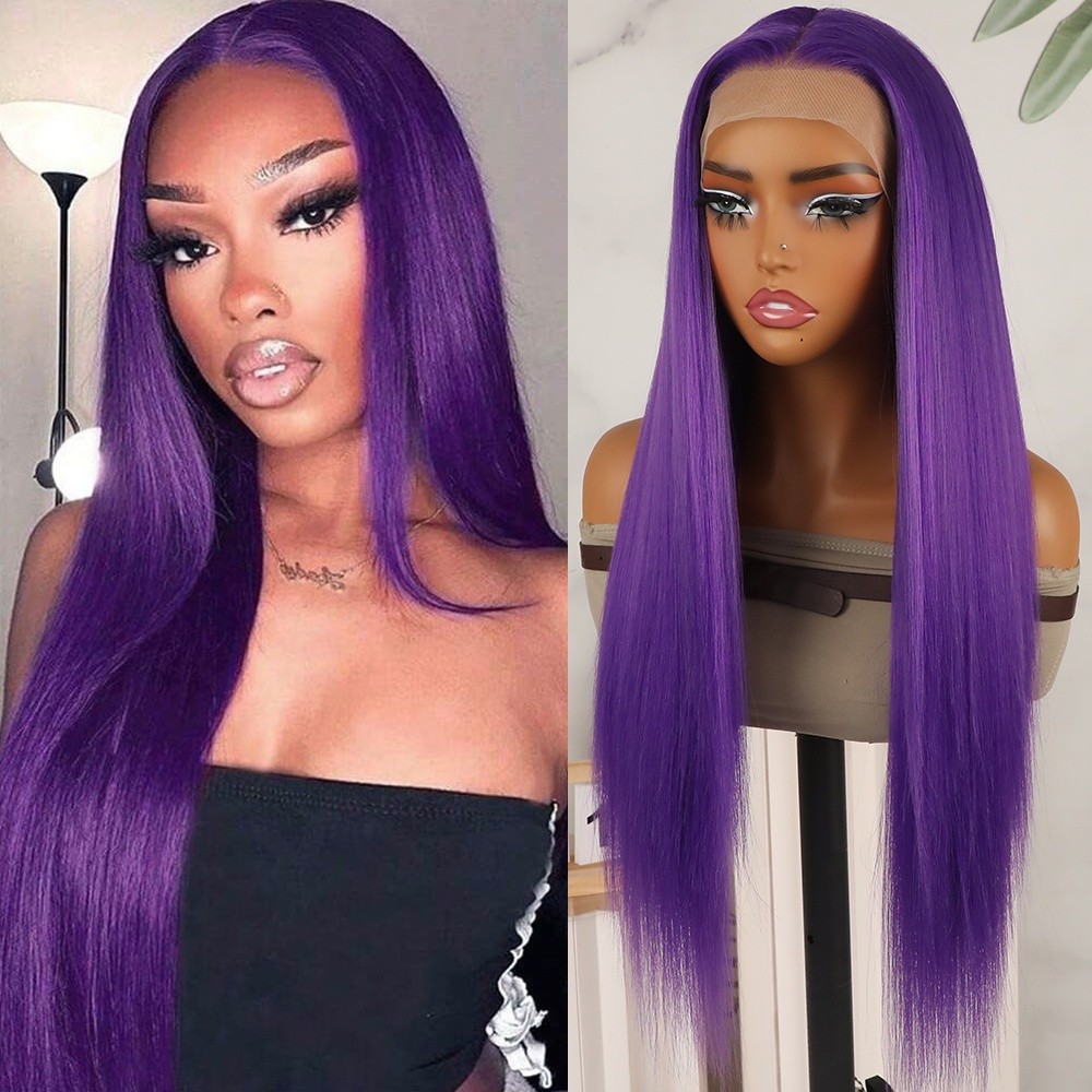 Purple Lace Front Wigs Long Straight Hair Heat Safe Pre Plucked Natural Hairline