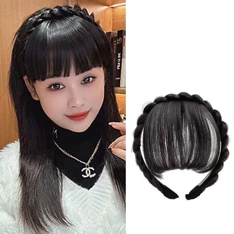Synthetic Fake Bangs Hair Neat Fringe Bands Women Double Row Braids Headband