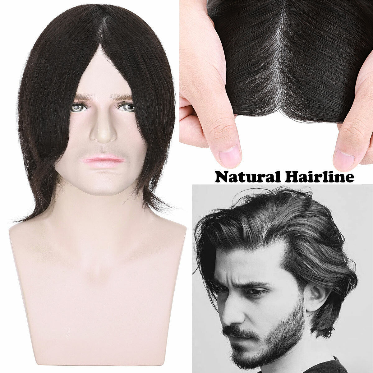 Mens Natural 100% Remy Human Hair Topper Toupee Hairpiece Super Thin Toupee Wigs