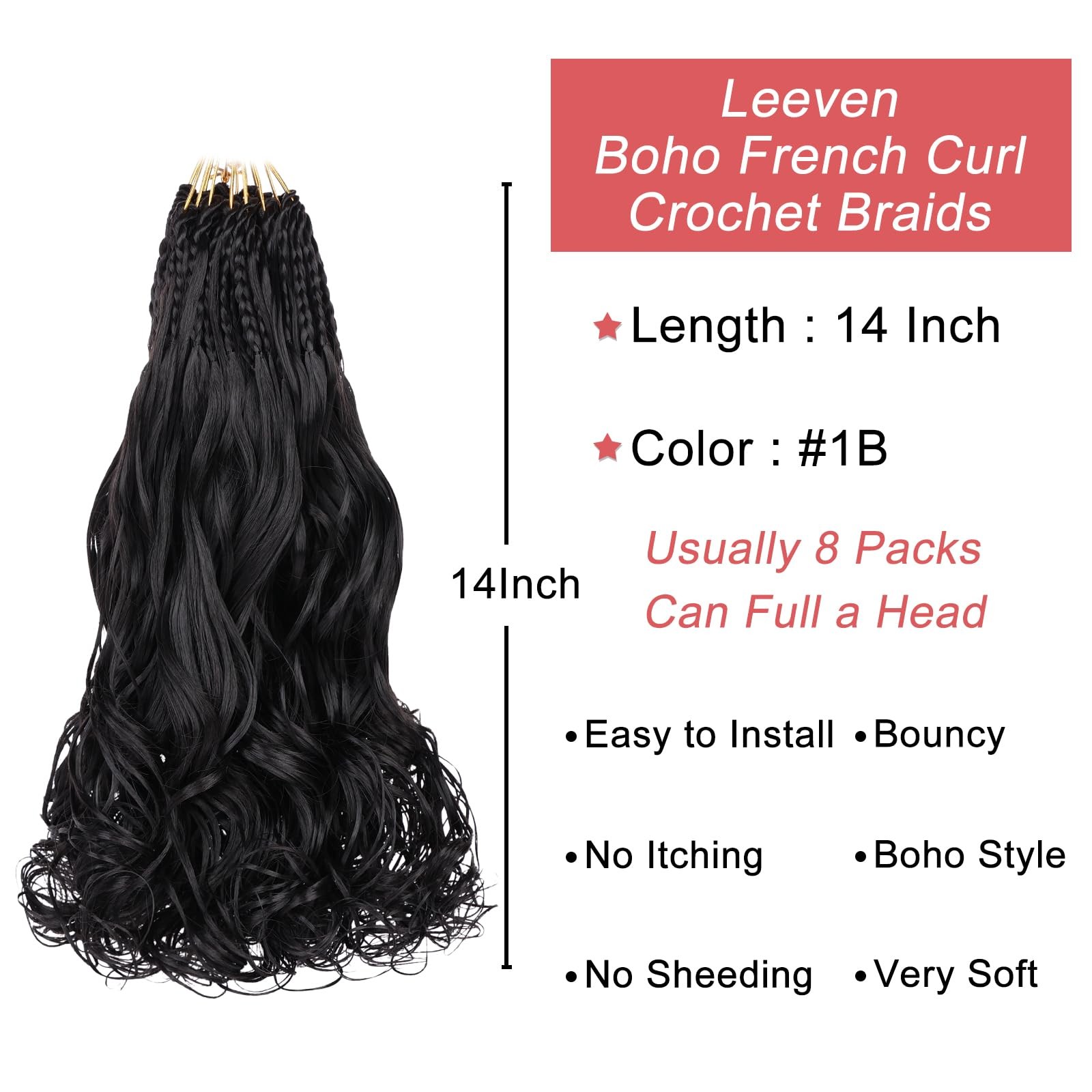 Boho French Curl Crochet Braids 14 Inch 8 Packs Black Pre Looped Curly Croche…