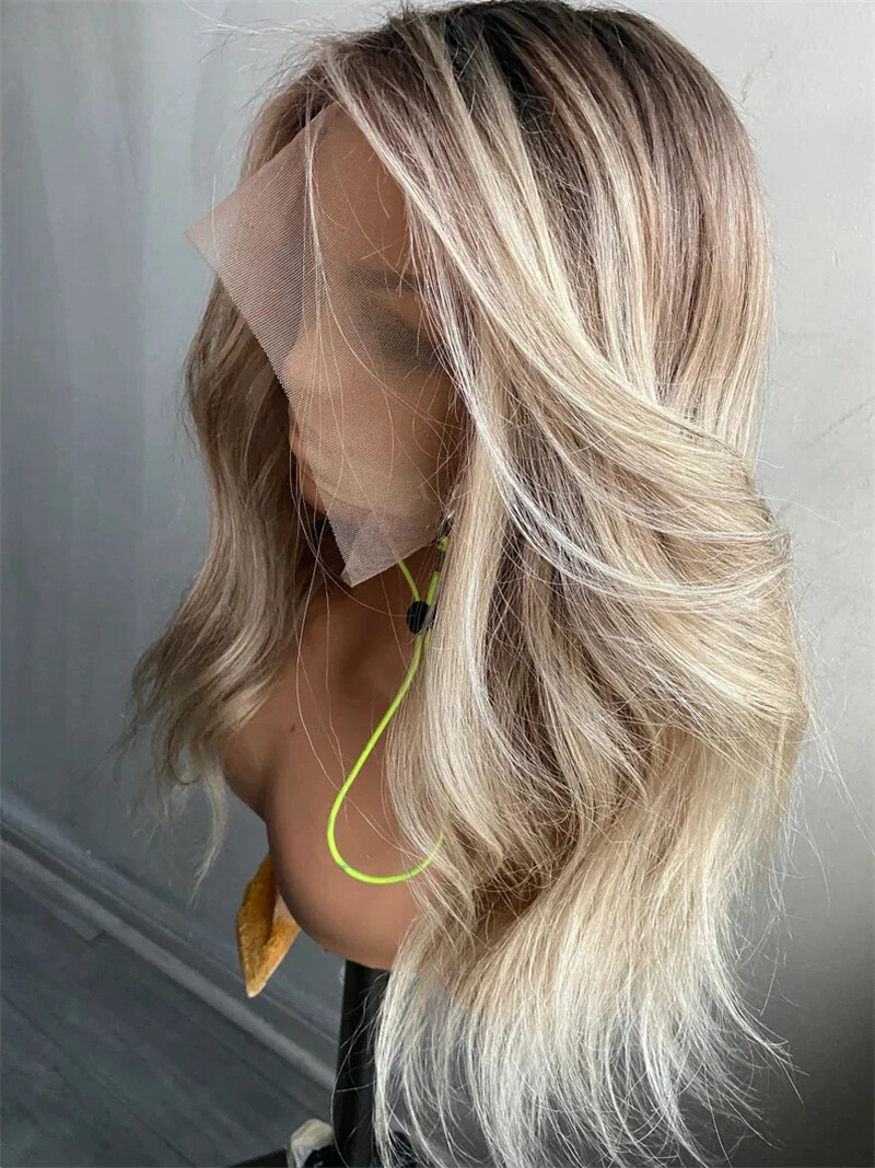 Ash Brown Platinum Blonde Ombre Lace Front Wigs Natural Wave Remy Human Hair Wig