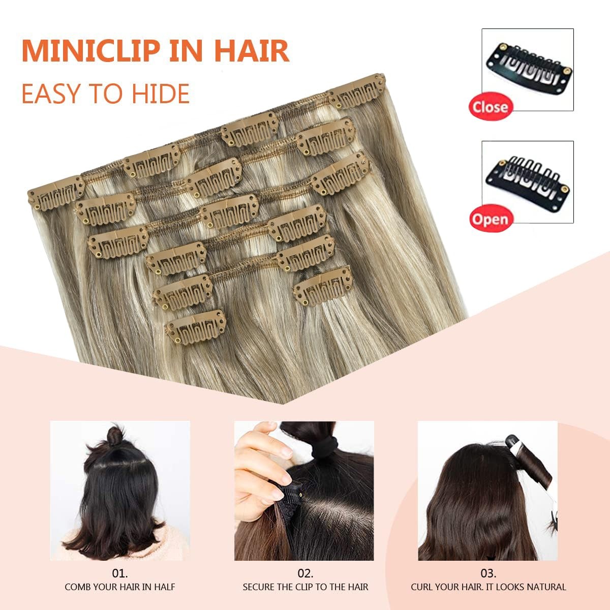 Clip in Hair Extensions Real Human Hair – 20 inch 70g Ash Blonde Mixed Bleach…