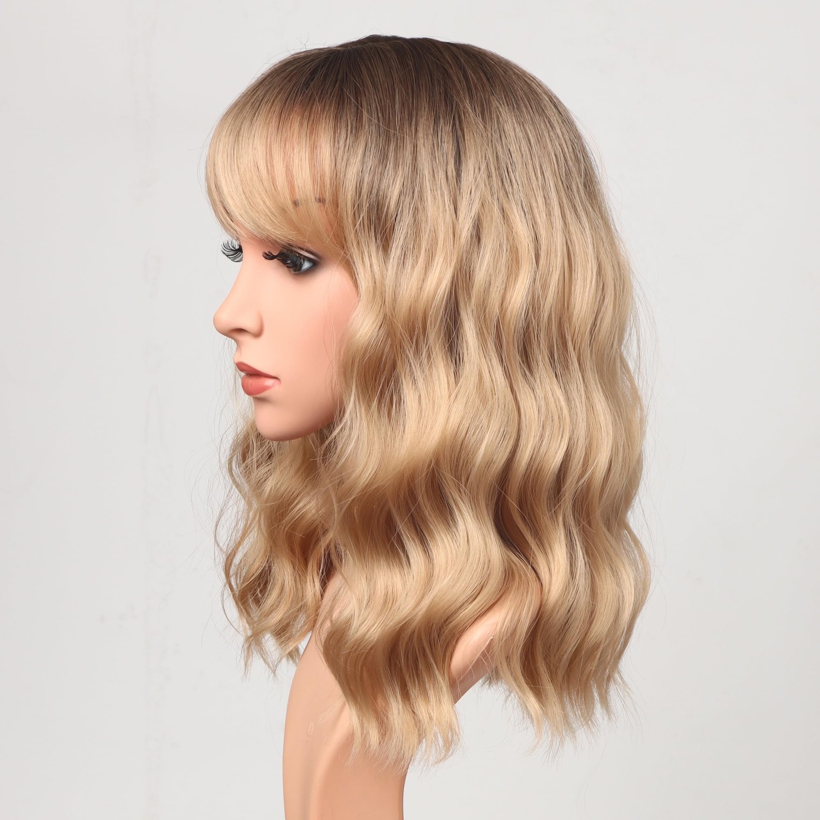 Blonde Wavy Wig with Bangs for Women Shoulder Length Synthetic Wigs Natural W…