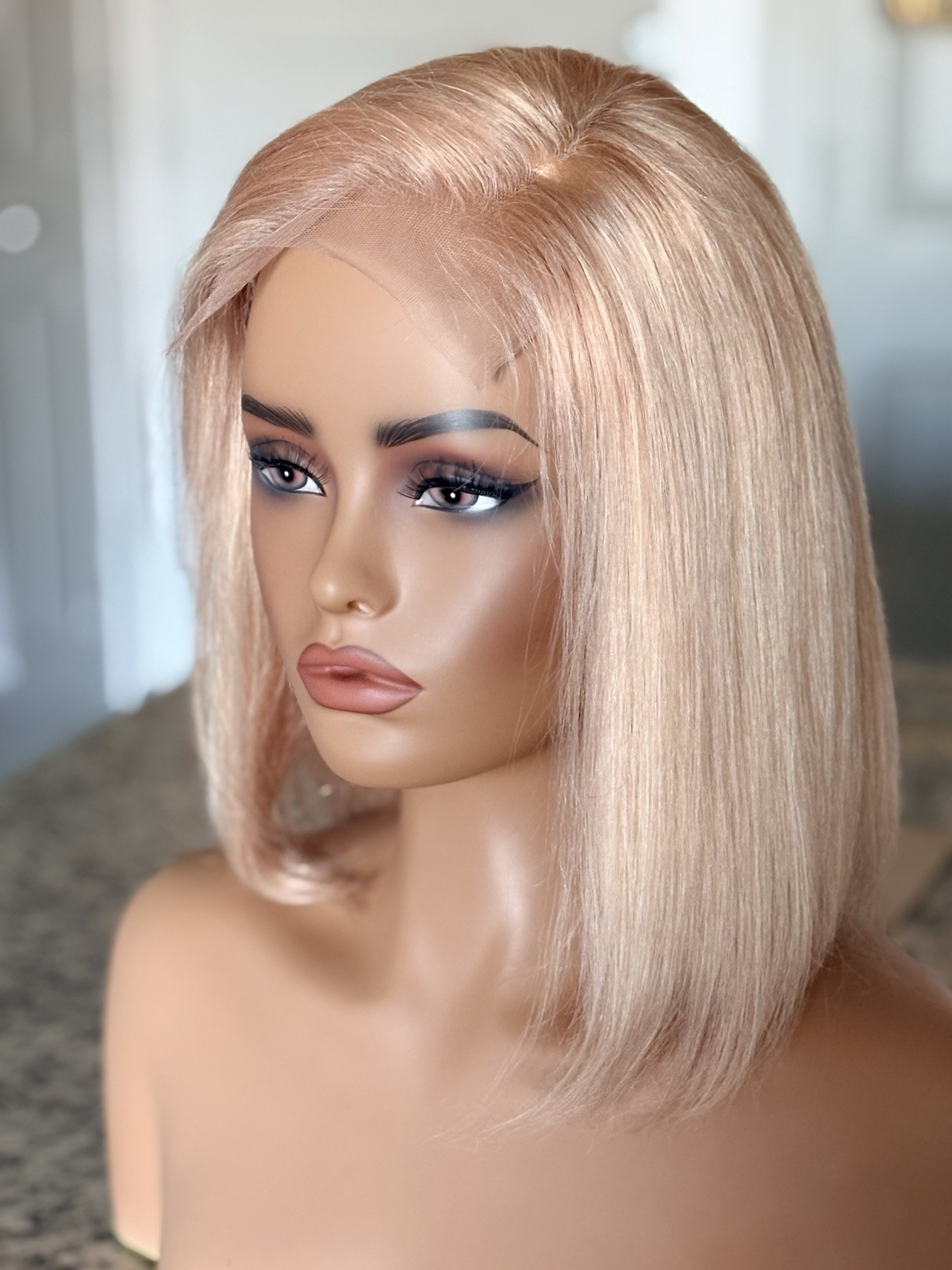 Rose Gold Blonde Human Hair Wig Straight 12inch 4×4 Lace Closure Glueless Wigs