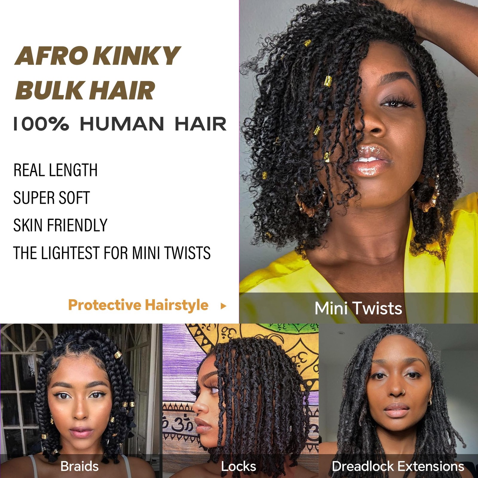 Builson Afro Kinkys Bulk Human Hair -100 Real Human Hair For Mini Twist