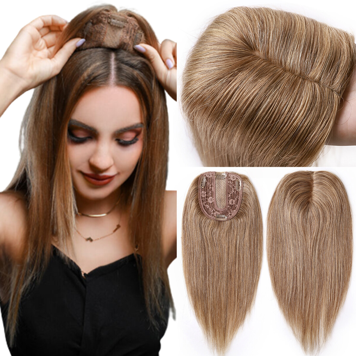 Topper Toupee Clip In Remy 100% Human Hair Lace Base Wiglet Hairpiece Hand-tied
