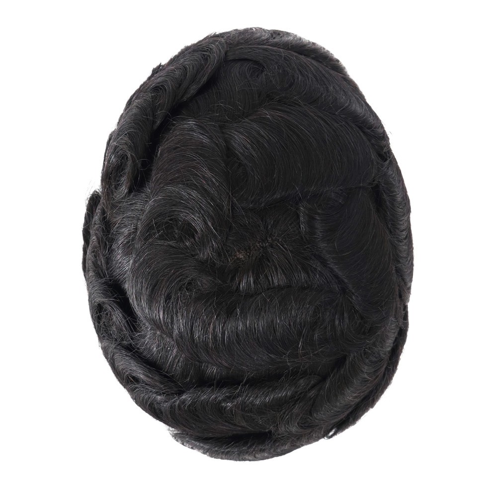 Toupee Mens Human Hair Thin Skin Replacement System Gent Hairpieces Black Hair