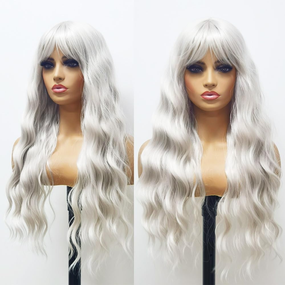 Platinum Blonde Wig with Bangs White Blonde Color Wig Wet and Wavy Long Loose…