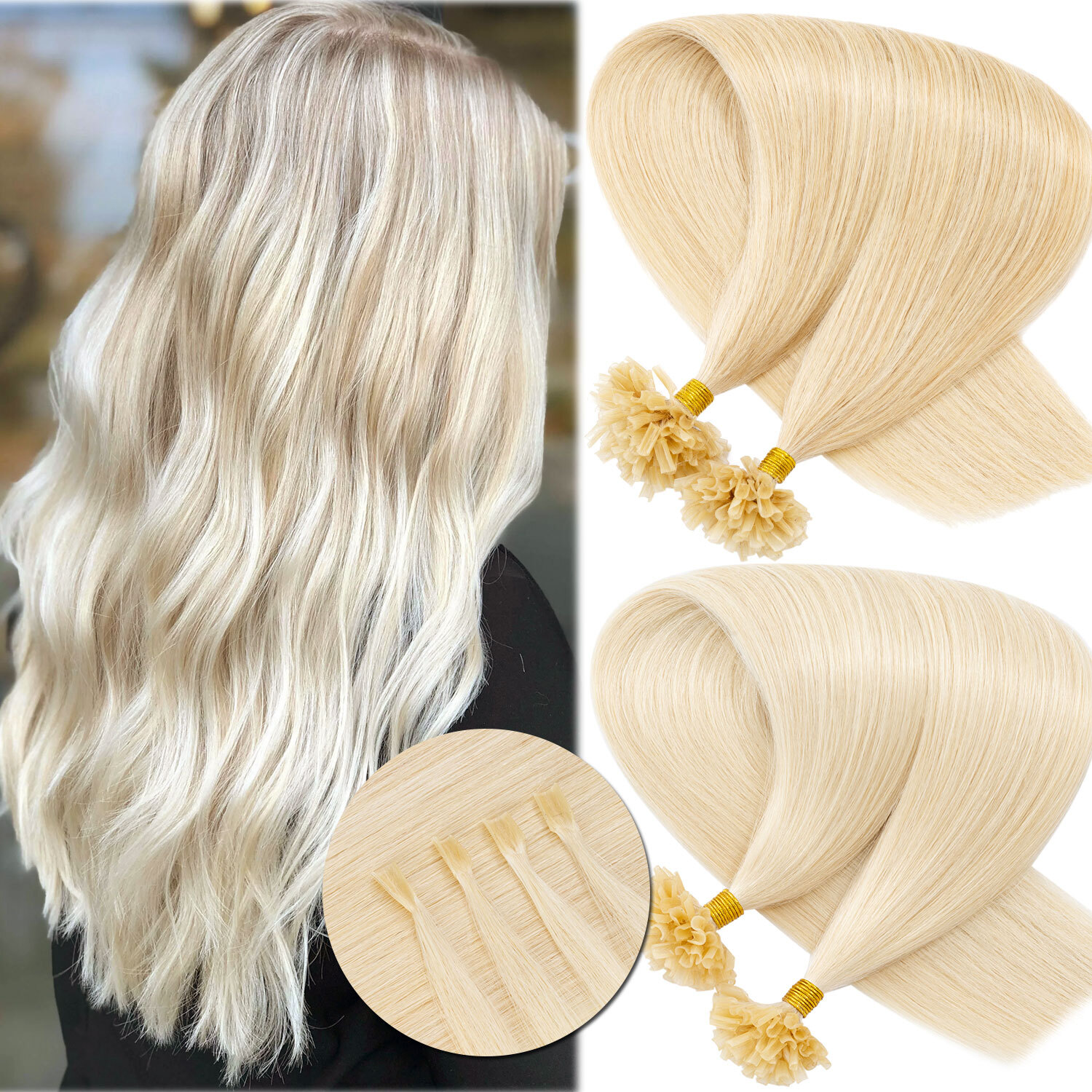 50-200PCS THICK Pre Bond Keratin Nail U Tip Human Remy Hair Extension Highlight