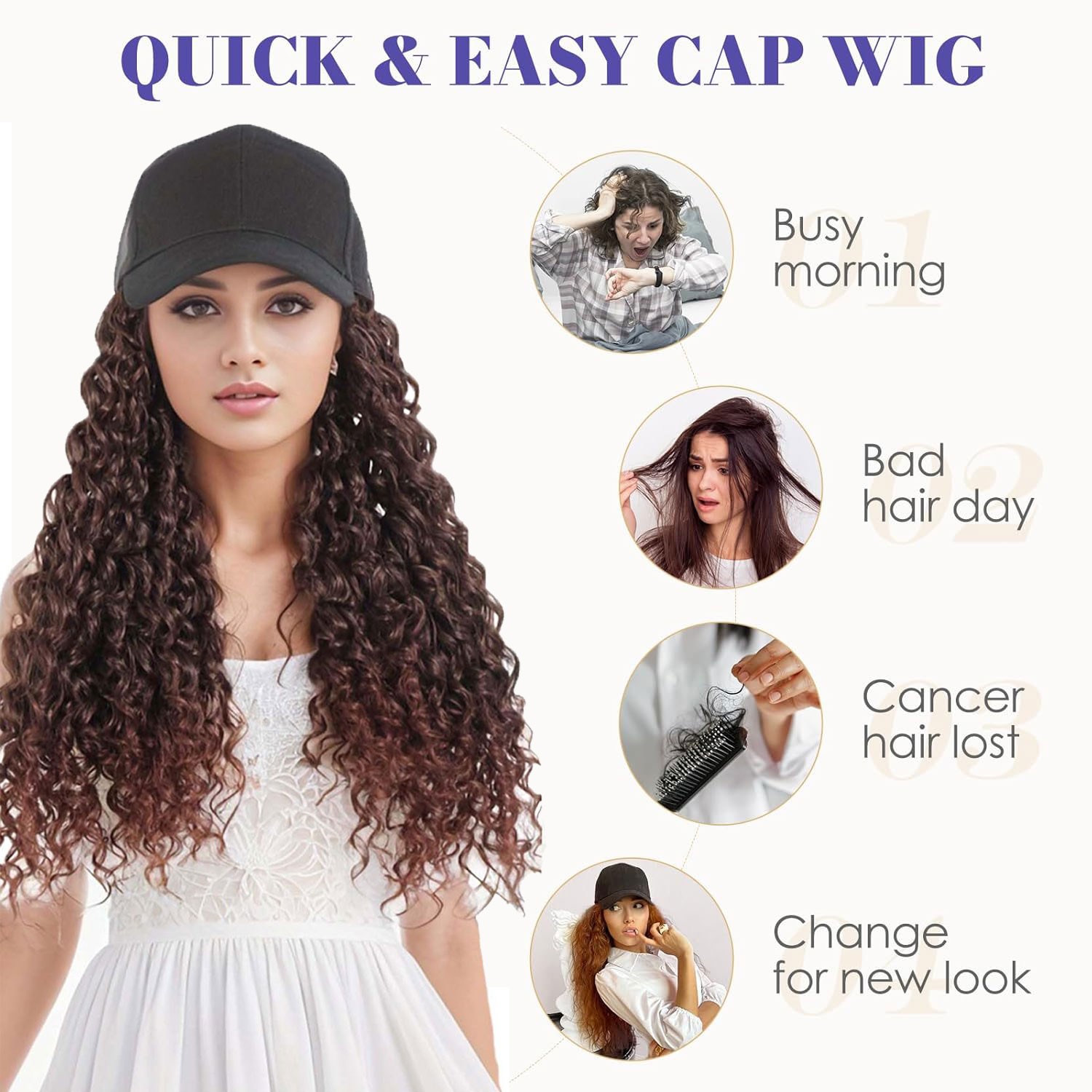 25In Women Black Baseball Cap with Hair Hat Wig Long Curly Deep Wave Hair Wig US