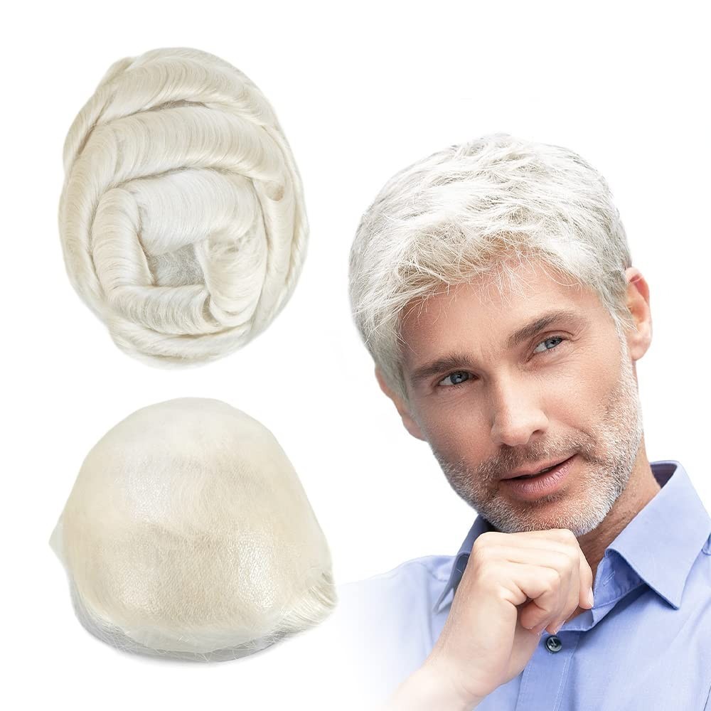 Toupee for Men Human Hair 0.03m Ultra Thin Skin V-Looped Real Grey Hairpiece 60R