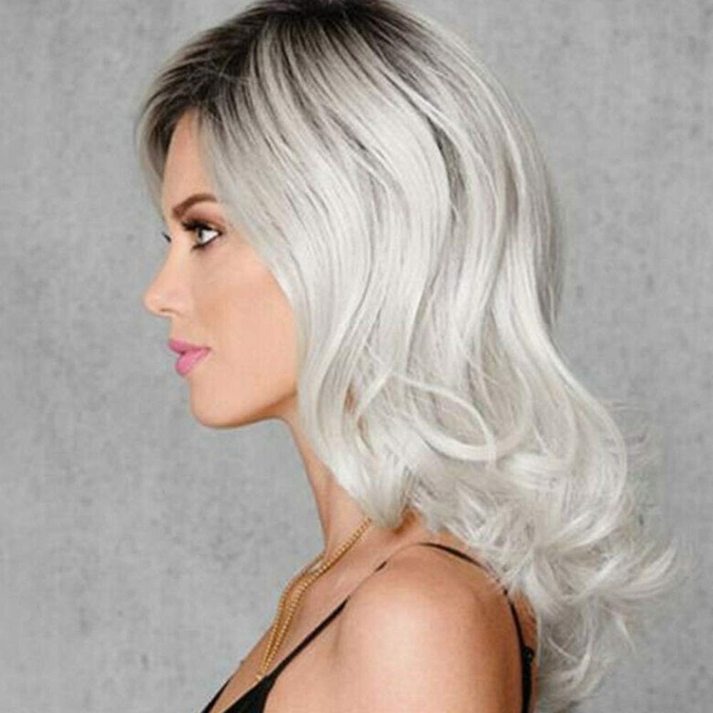1 Piece of Ash Gray to Silver White Ombre Wavy Curly Blonde Shoulder Length Hair