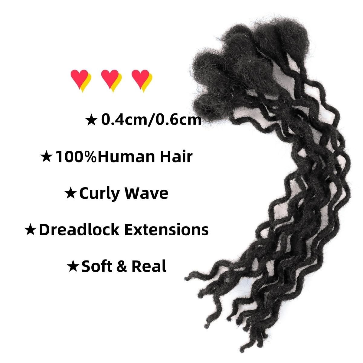 10 in 10 Strands Curly Wave Loc Extensions Human Hair 0.4cm Width Natural Black