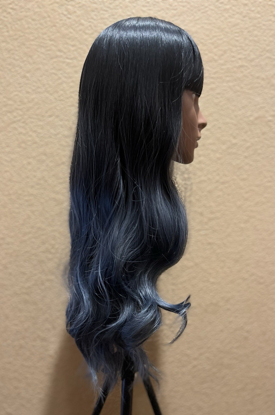 Long Black to Blue Ombre Synthetic Wig | Soft Waves with Full Bangs | Adjustable