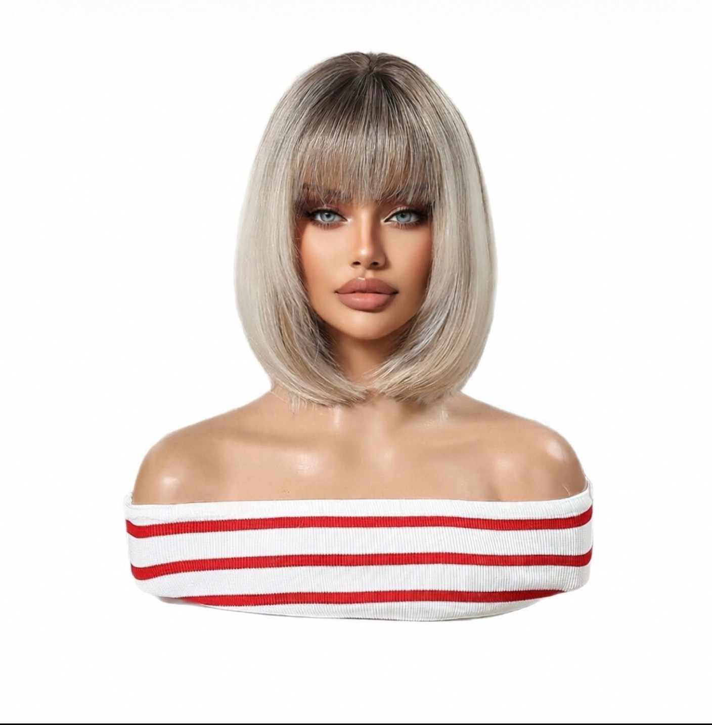 Short Ombre Blonde Highlight Bob Wigs with Bangs Dark Roots Fashion Party Wigs