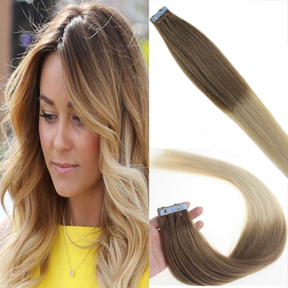 Tape In Real Human Hair Extensions Invisible Glue Skin Wefts Full Head Remy Hair