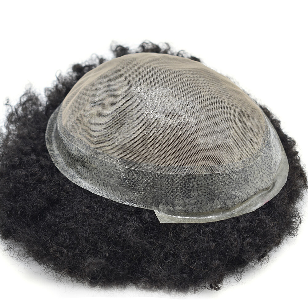 Afro Curly Mens Toupee Breathable Poly Skin Pu Black Hair Replacement System Wig