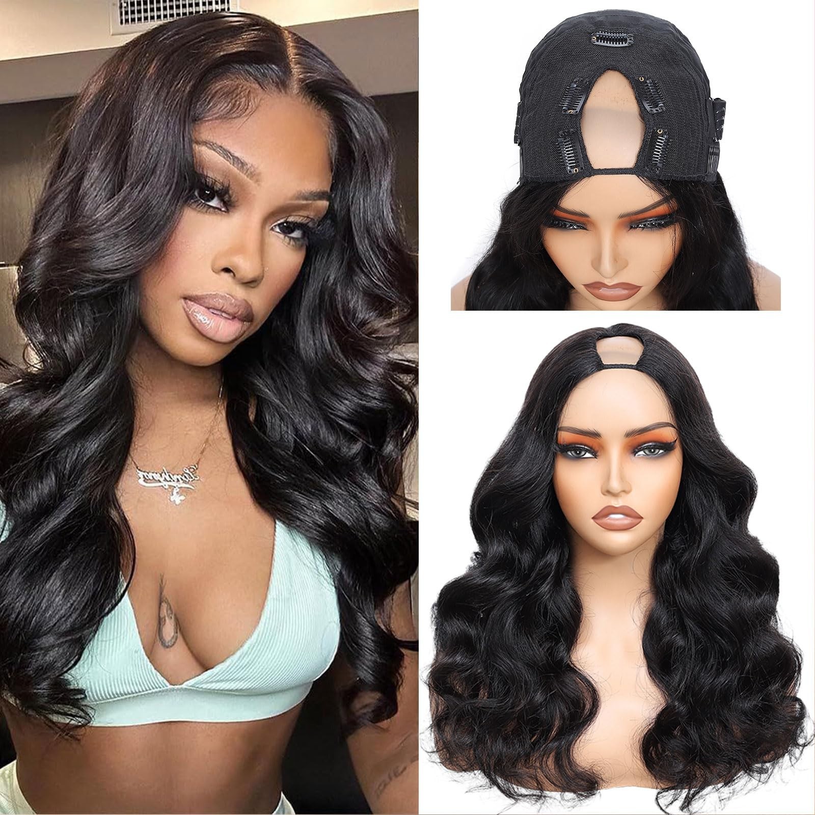 22 Inch Body Wave V Part Human Hair Wig – 200% Density, Adjustable Drawstring, N