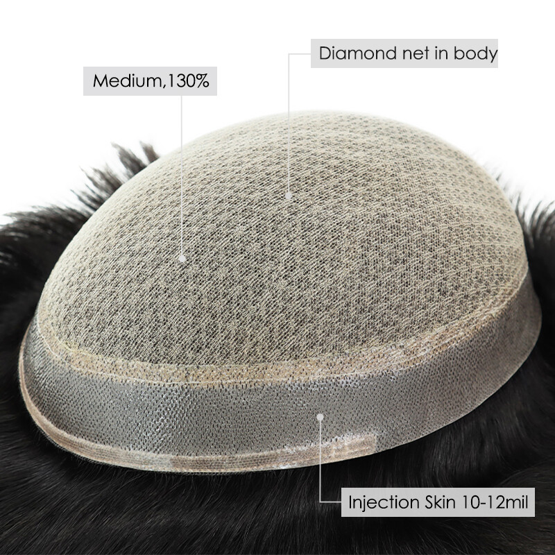 Mens Toupee Human Remy Hair System Silk Top Injection Lace Hairpiece M-lACE #NC