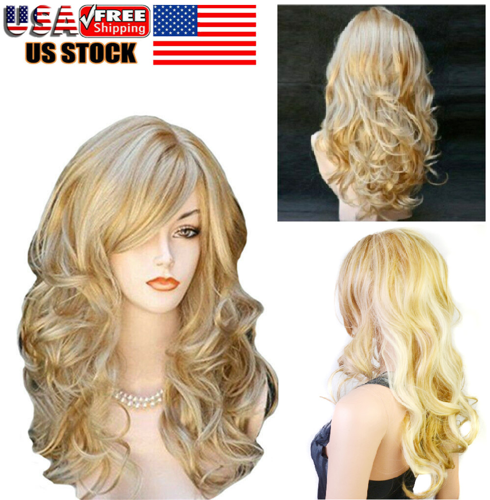 23inch Blonde Wig With Bangs Long Wavy Blonde Curly Wigs for Women Synthetic